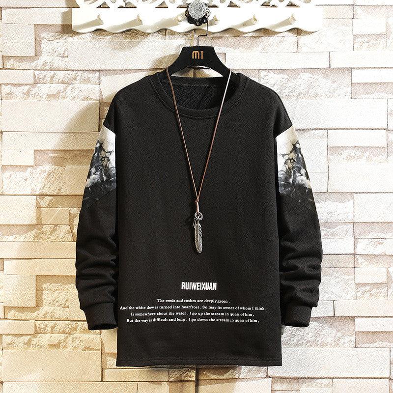 Black long-sleeve crewneck pullover with printed sleeves and relaxed fit