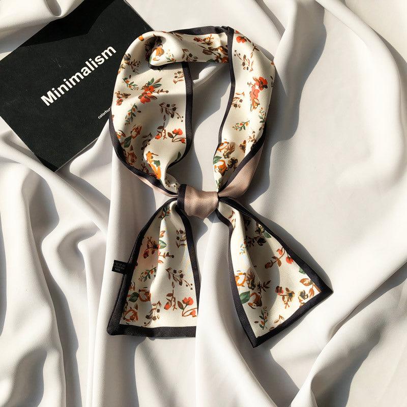 Korean floral small scarf, cream floral print with dark trim, tied bow at center