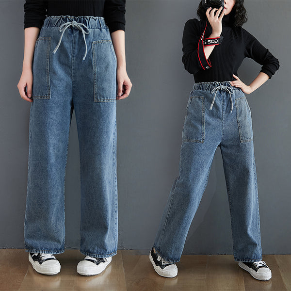 Loose and Versatile High-waisted Plus Size Straight Jeans - WOMONA.COM