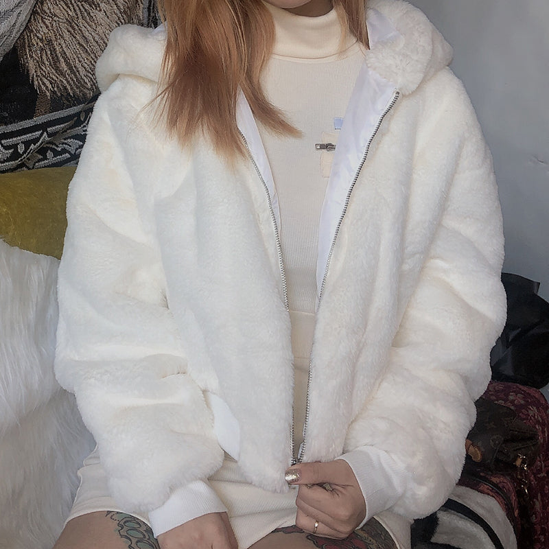 Short plush coat loose hooded top - WOMONA.COM