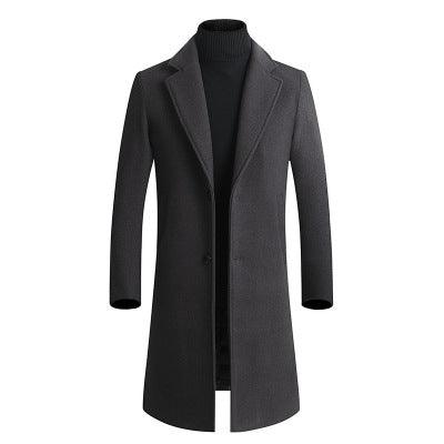 Men's black wool trench coat with notch lapels and front button closure