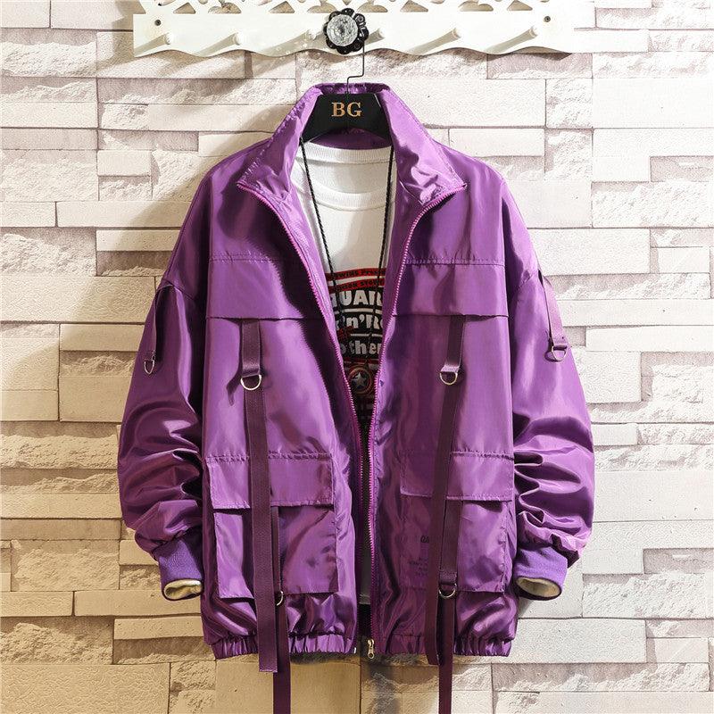 Purple men's casual jacket with full zipper, flap pockets, and elastic cuffs