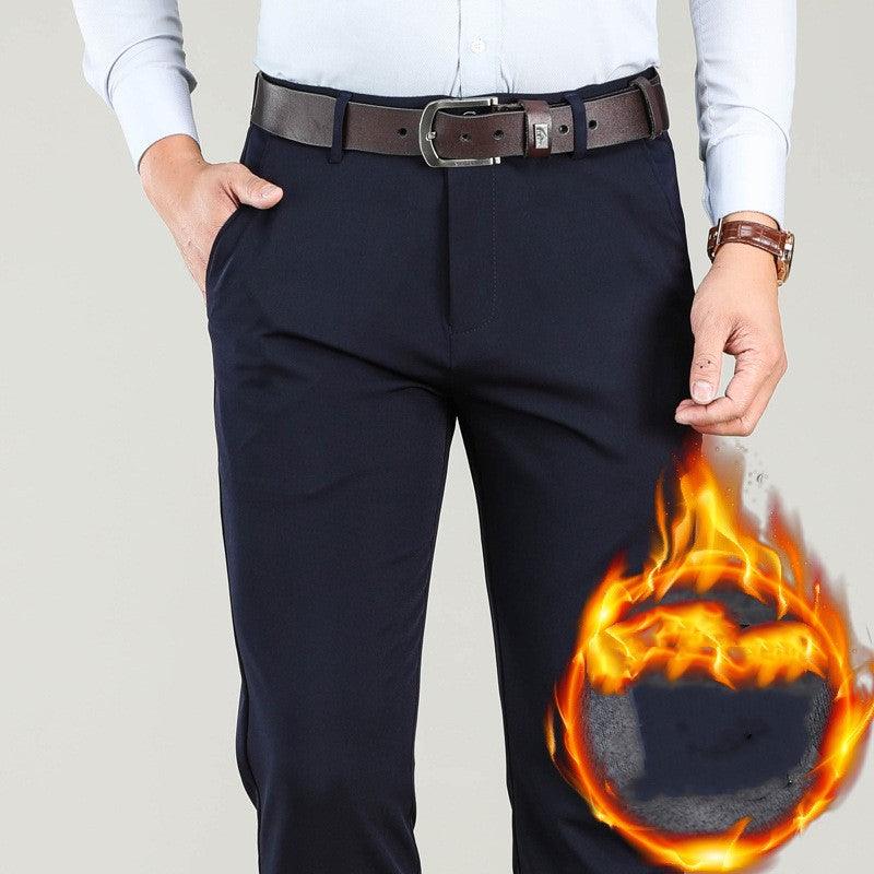 Men's straight loose trousers, navy blue with front crease and belt loops.