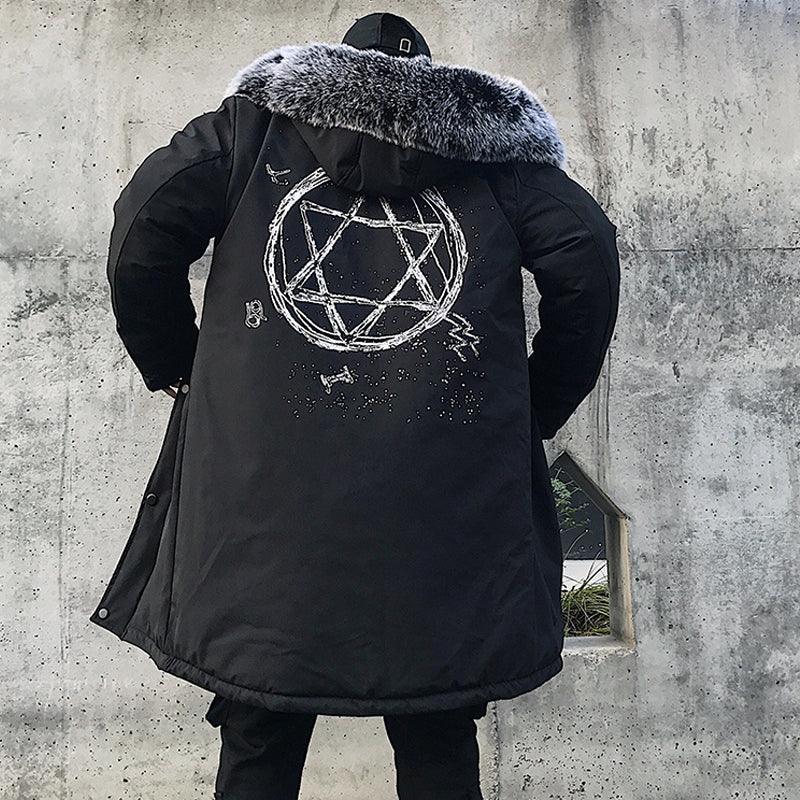 Black long hooded parka coat with faux fur trim and large back graphic print