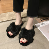 Cross fur slippers - WOMONA.COM