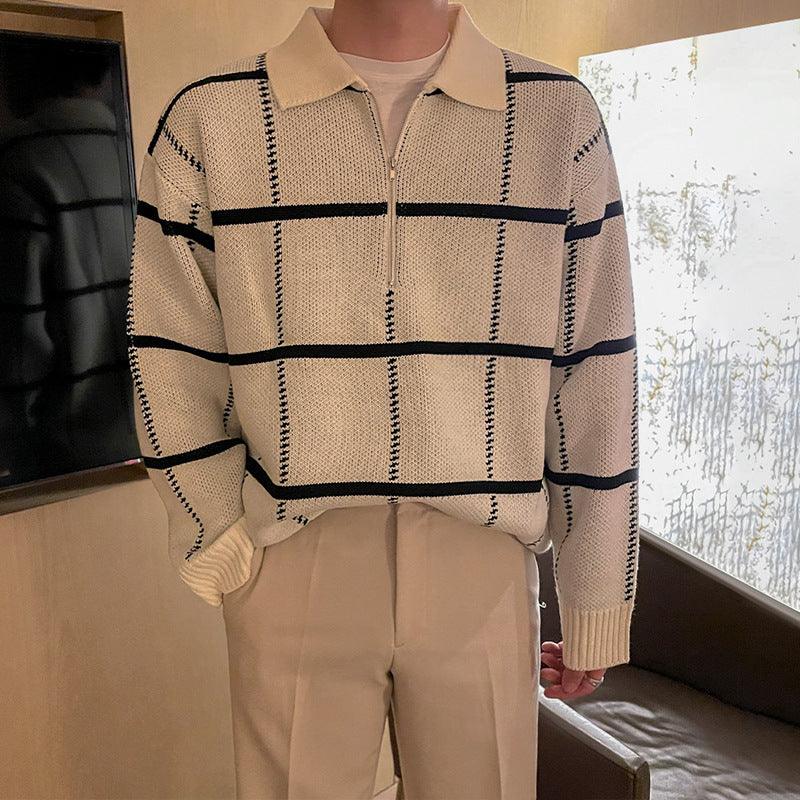 Khaki knit polo shirt with black check stripe grid, collared zip front