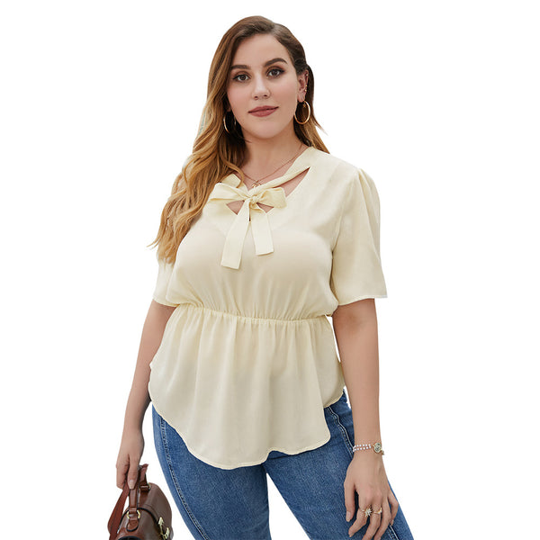 Elegant bowknot shirt plus size women's - WOMONA.COM