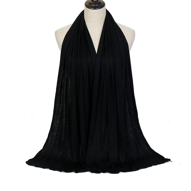 Black ladies mercerized cotton headscarf with pleated drape and soft fringe hem