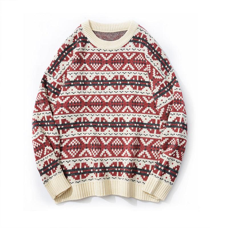 Loose knitted sweater with cream base and red, black fair isle stripes