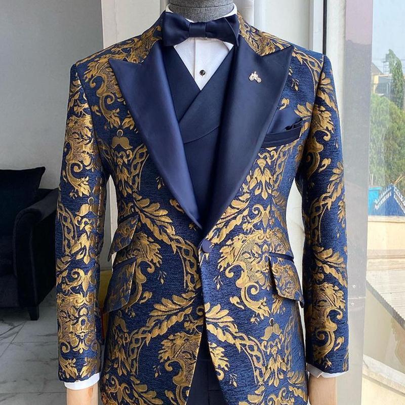 Men's suit jacket set in dark blue with gold baroque pattern, bow tie, vest