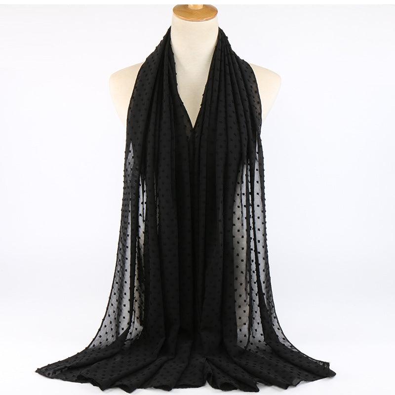 Chiffon folk ball scarf in black with small dotted pattern, airy long drape