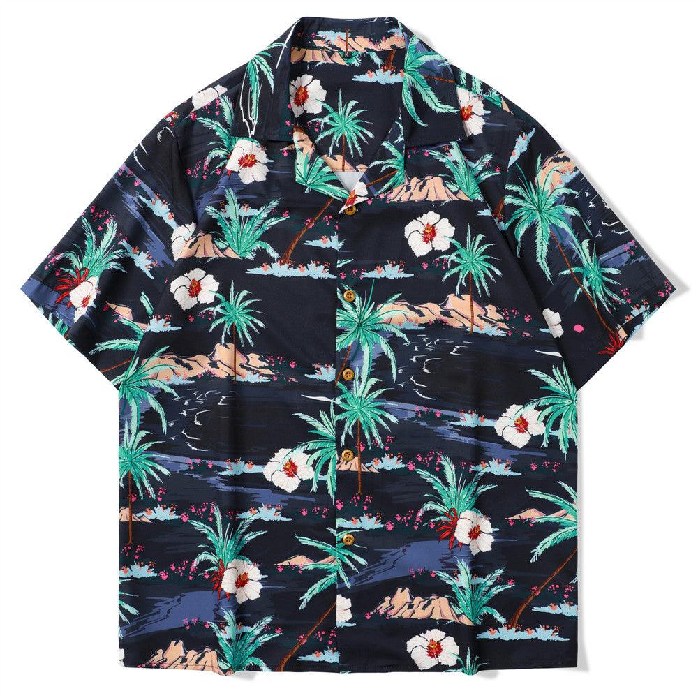 Men's casual print shirt, dark navy short-sleeve button-up with tropical palm and flower pattern.