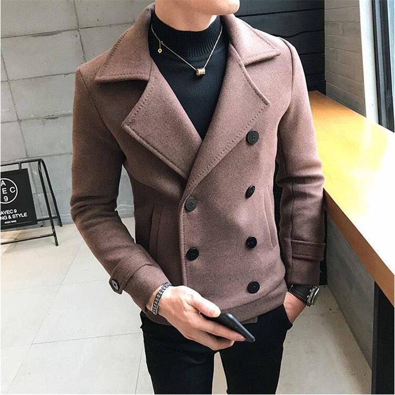 Brown-toned wool trench coat, double-breasted buttons, notch lapels, flap pockets