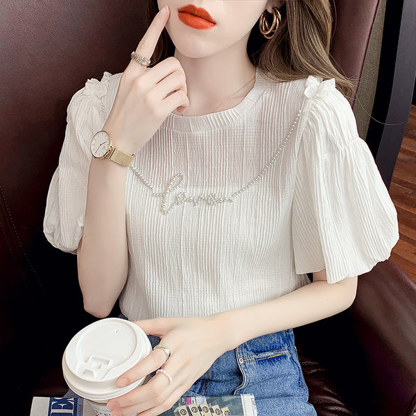 Top Puff Sleeve Solid Color Short-sleeved Shirt - WOMONA.COM