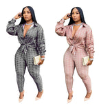 Plus Size Geo Pattern Shirt High Waist Pants Set - WOMONA.COM