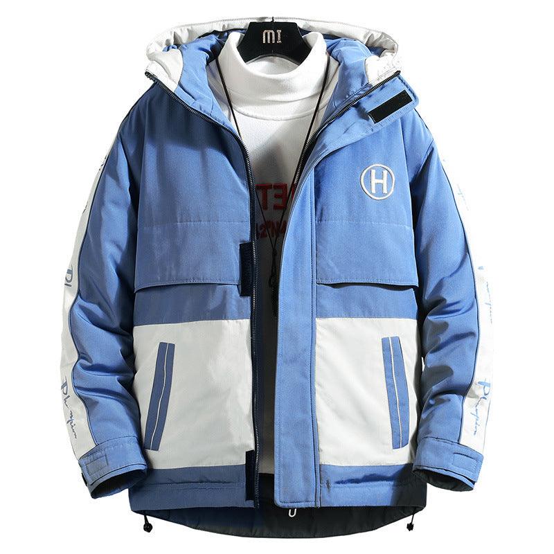 Junior hooded down jacket, blue with white color-block panels and full zip