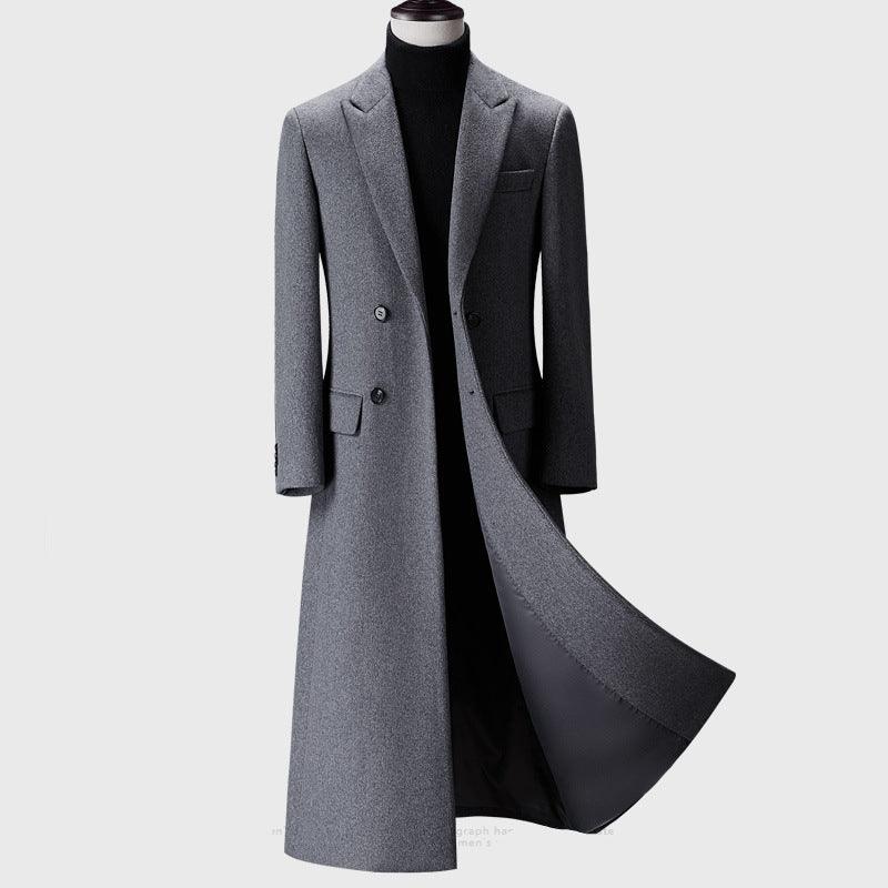 Grey wool trench coat with double-breasted front and notched lapels