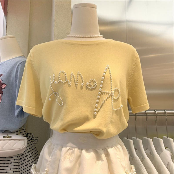 Pearl Letter Loose Short Sleeve T-shirt - WOMONA.COM