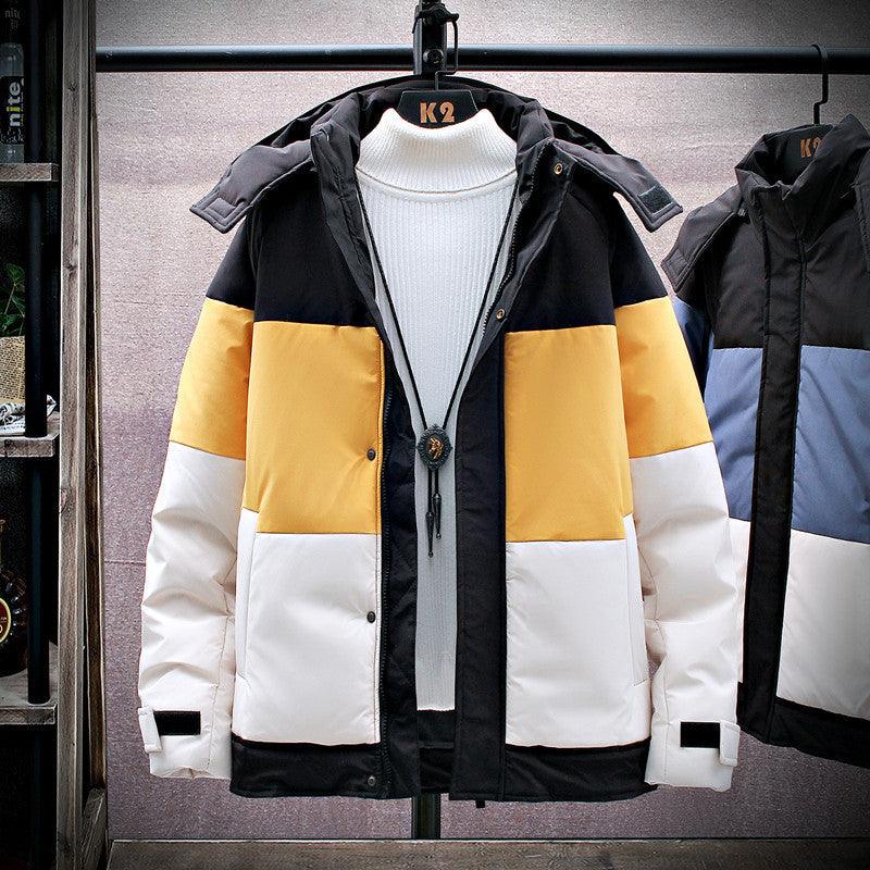 Men’s color-block hooded puffer jacket with black, yellow, and white panels