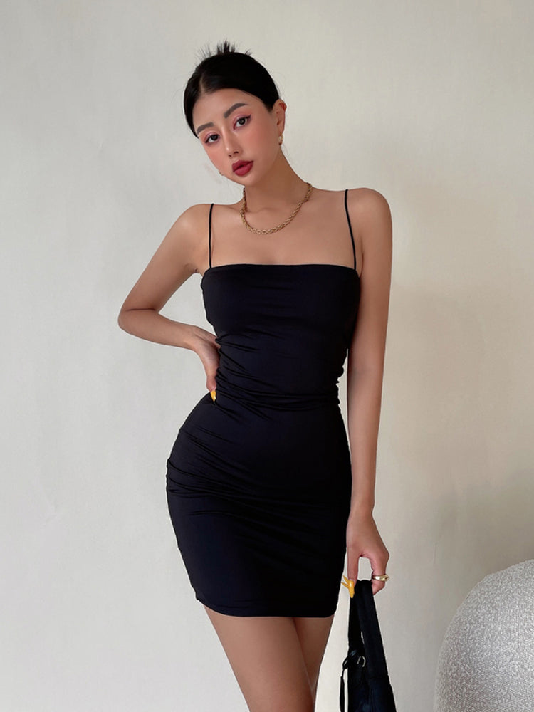 Straps Pleated Slim Bag Hip Dress - WOMONA.COM