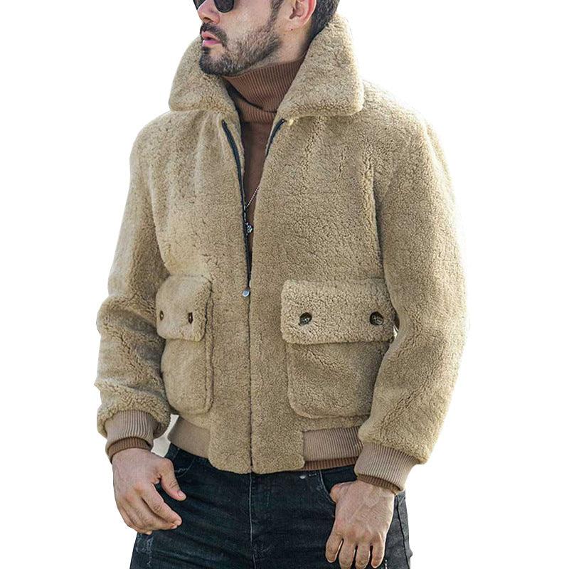 Khaki plush padded zip-up jacket with stand collar and flap chest pockets