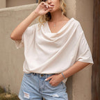 Solid V-Neck Short Sleeve Loose Top - WOMONA.COM
