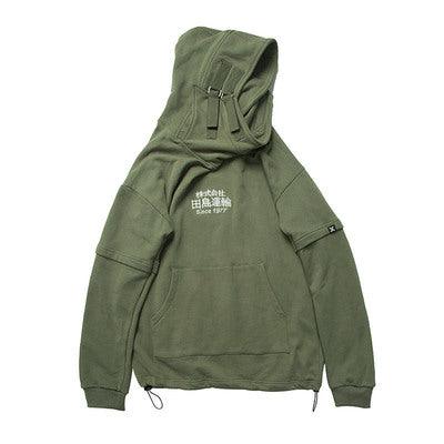 High-collar hooded sweatshirt, olive green, front pocket and drawstring hood.