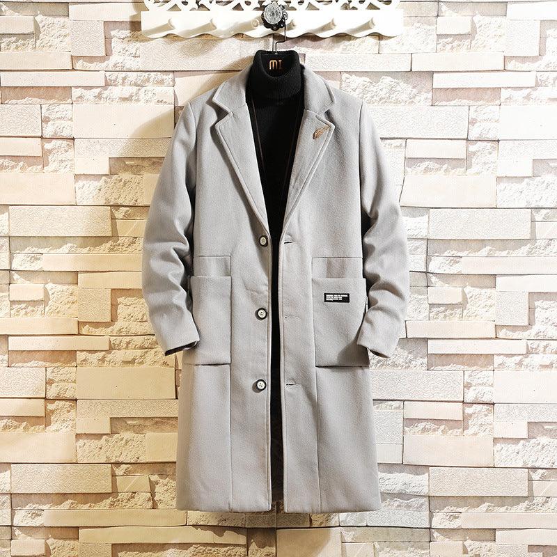 Men's wool trench coat, light gray long coat with button-front and chest pockets