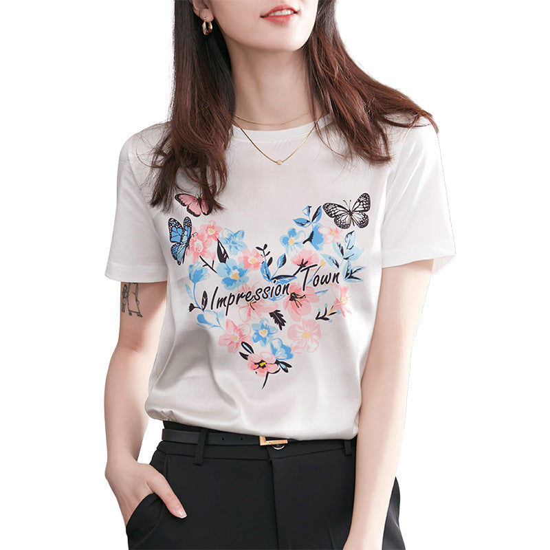 Silk T-shirt Women Short-sleeved Butterfly - WOMONA.COM