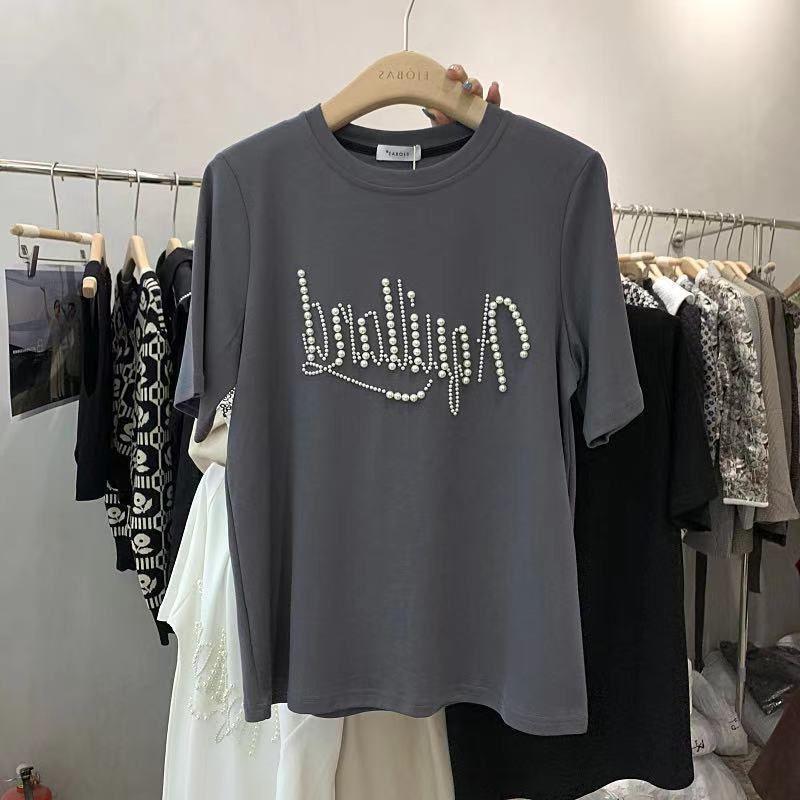 Pearl Letter Loose Short Sleeve T-shirt - WOMONA.COM