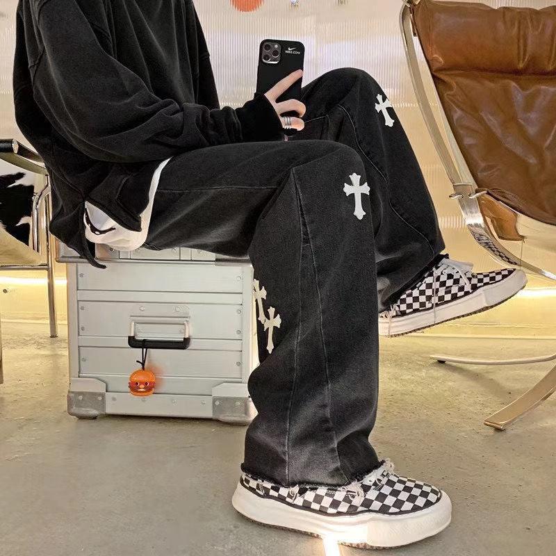Men's Cross-Motif Jeans – Blue or Black