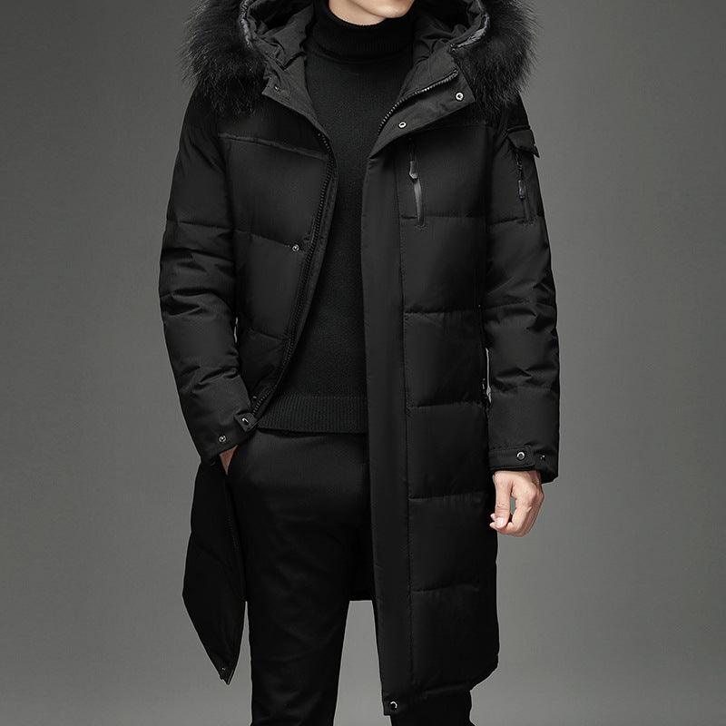 Men's black faux fur collar long puffer parka with snap pockets and hood