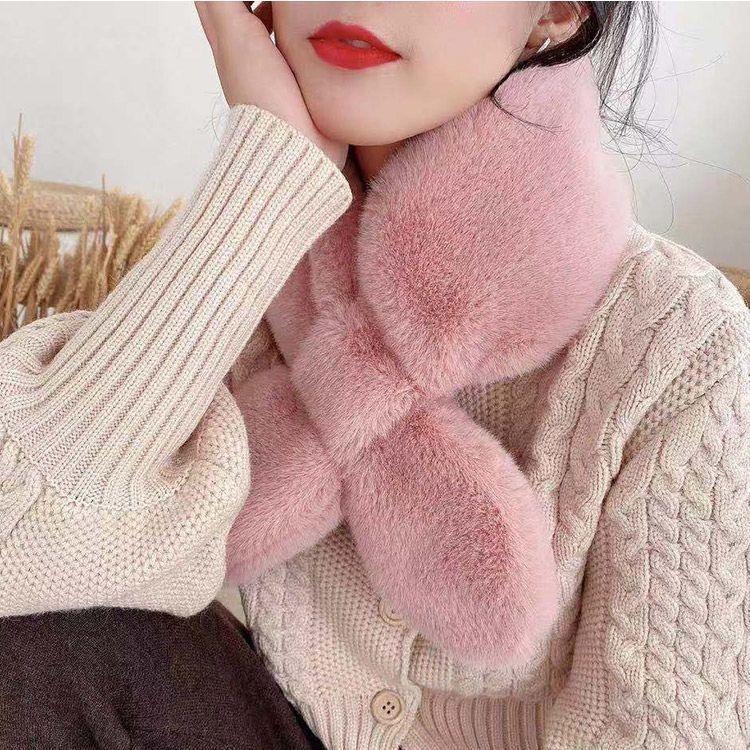 Pink plush fur rabbit-style scarf collar with looped tail ends
