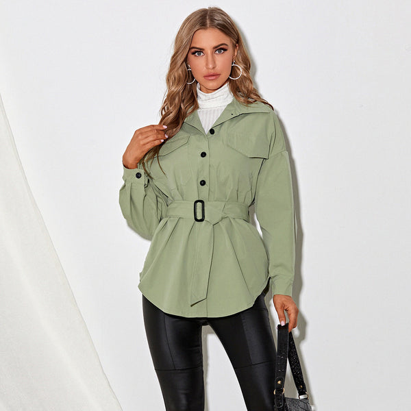 Solid Color Shirt Jacket - WOMONA.COM