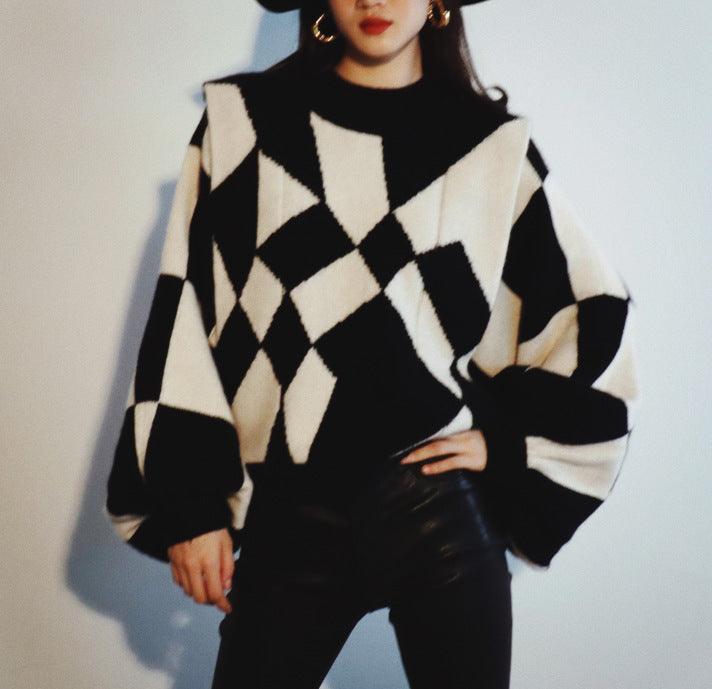Black Diamond Lantern Sleeve Sweater - WOMONA.COM