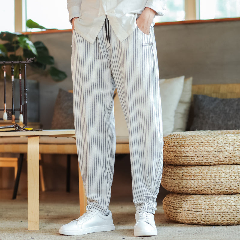 Striped Men's Disc Buckle Harem Pants - WOMONA.COM