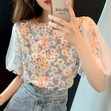 Beaded Mesh Loose Puff Sleeve Chiffon Top - WOMONA.COM