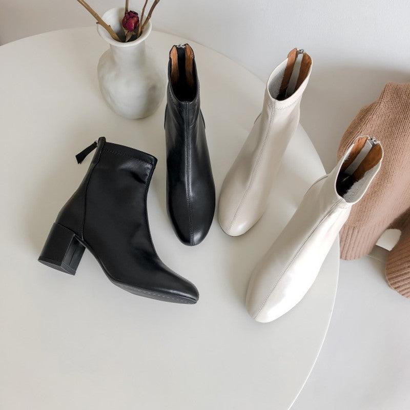 Thick Heel Short Cowhide Boots - WOMONA.COM
