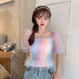 Chiffon Shirt Puff Sleeve Short Top Women - WOMONA.COM