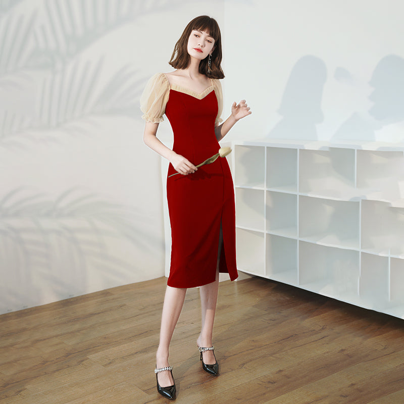 Burgundy Medium Length Dress For Women - WOMONA.COM