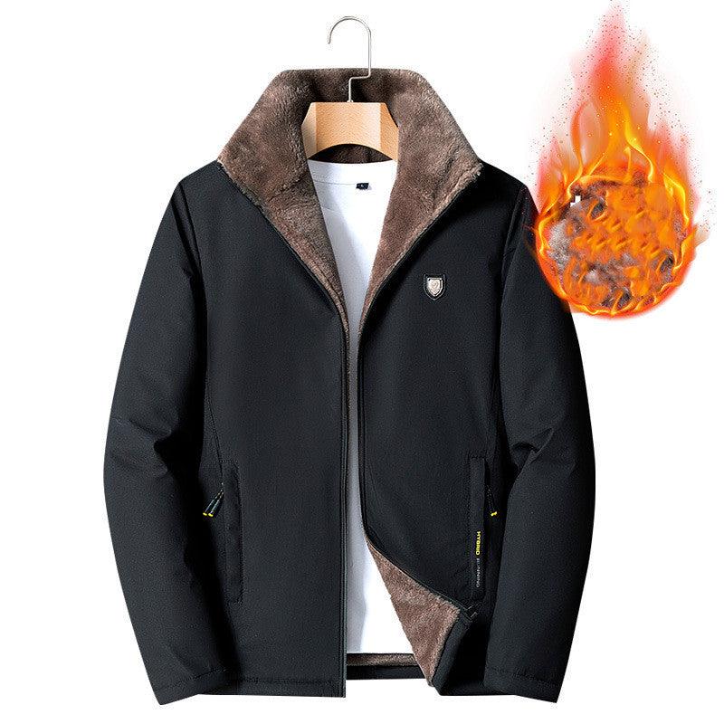 Black oversized stand-collar jacket with brown shearling collar and zip pockets