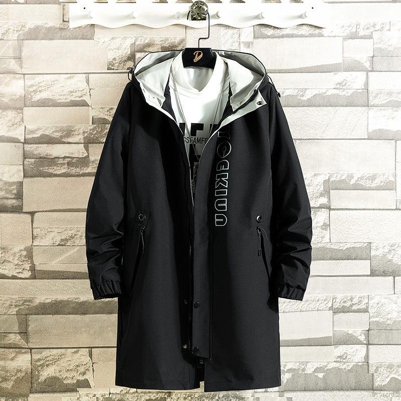 Men’s mid-length hooded coat jacket, black with dark front pockets and hidden button placket