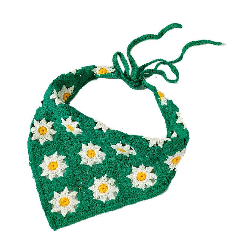 Green triangle hair scarf with white daisy flowers and ribbon ties