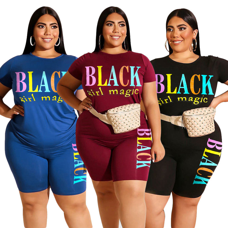 Plus Size Women's Casual Letter Printed T-shirt Shorts - WOMONA.COM