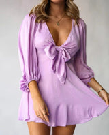 Deep V Tie Lantern Sleeve Dress - WOMONA.COM