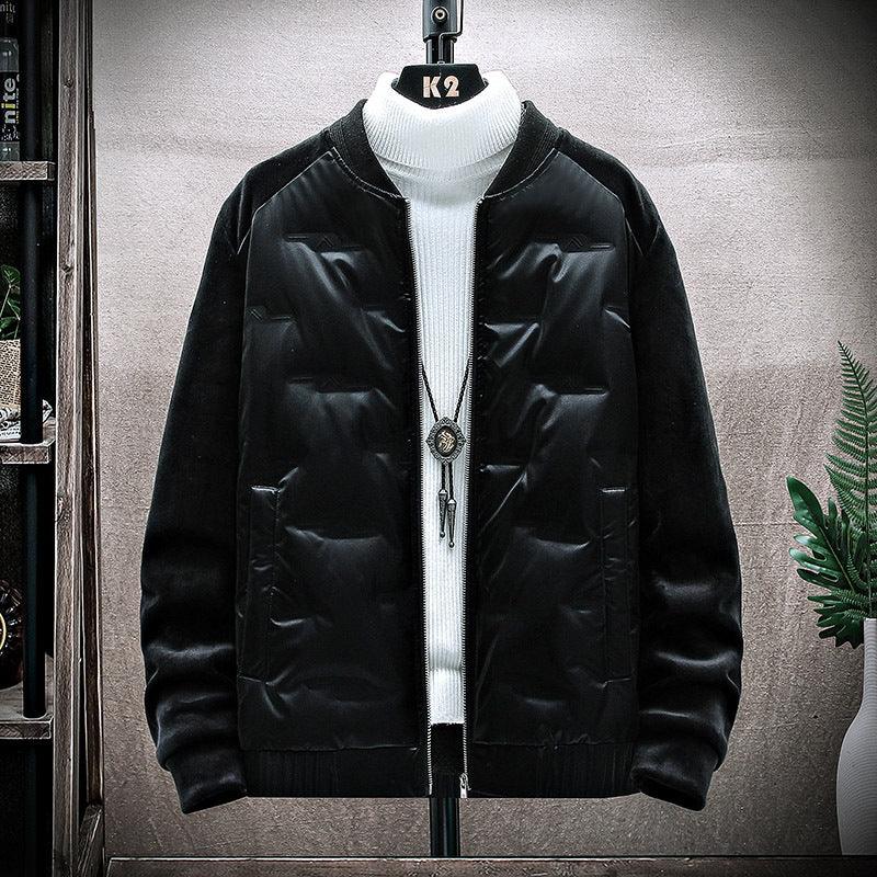 Men's casual down jacket, black, stand collar, full-zip front, quilted puffer style detail.