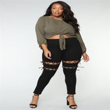 Women's Plus Size Fashion Eyelet Strap Jeans - WOMONA.COM