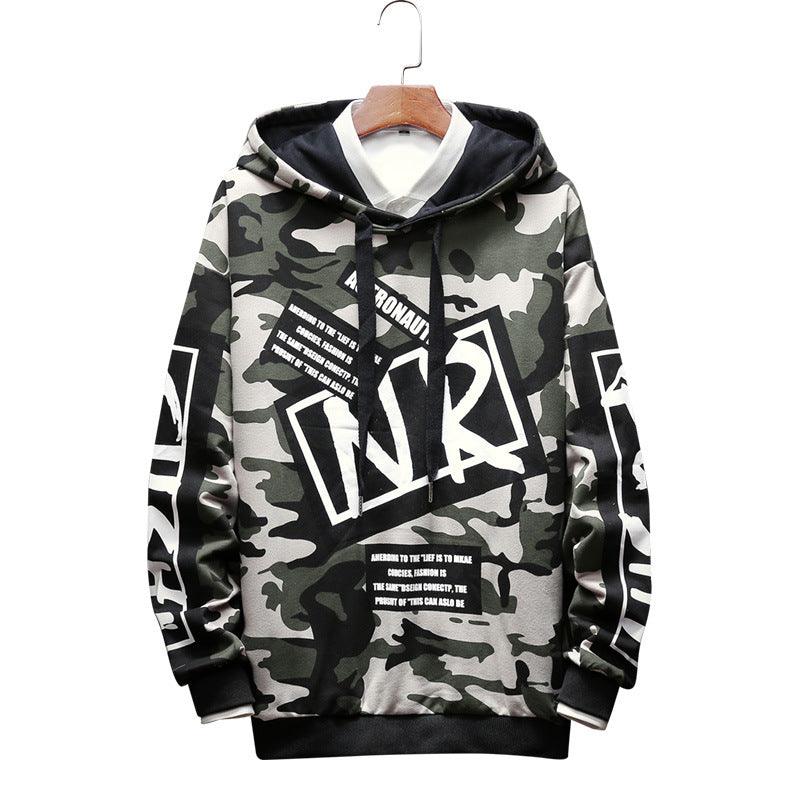 Grey camouflage long-sleeve hoodie sweater with black hood and front graphic panel