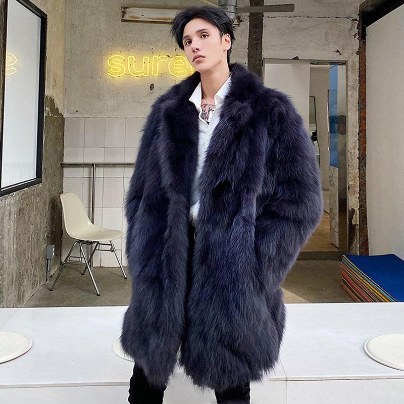 Men's dark blue fur trench coat with wide lapel collar and open front