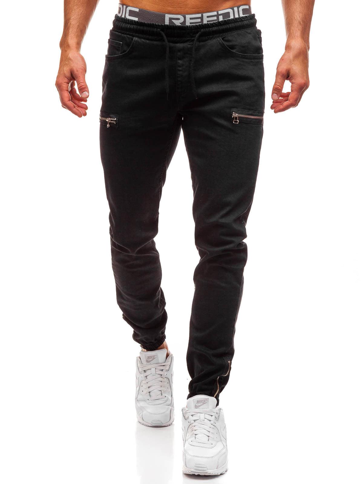 Men's black slim jeans with zip-pocket details and cuffed hem
